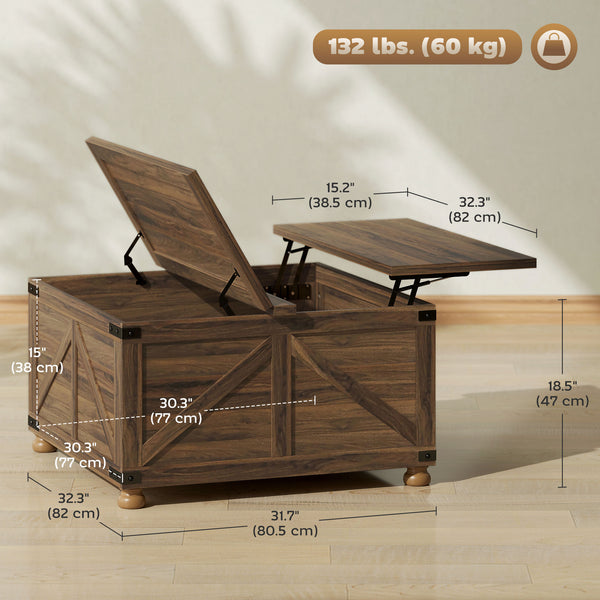 Country Style Lift Top Coffee Table with Hidden Compartment, Brown Wood Grain