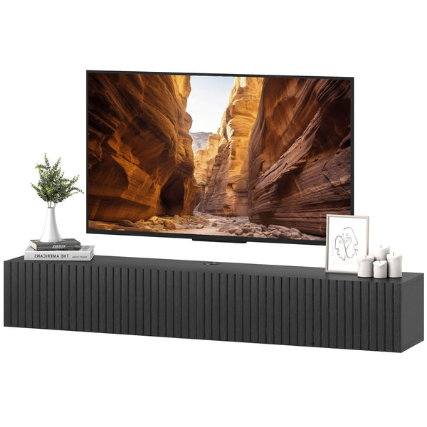 Floating wall-mounted TV unit for TVs up to 72 inches with 2 fluted drop-down doors, black