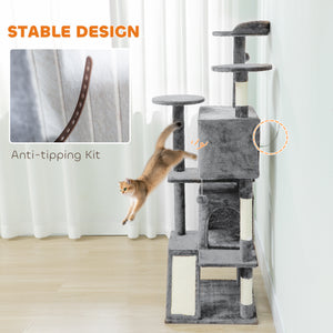 54" Cat Tree, Multi-Level Cat Tower with Scratching Posts, Cat Condos, Bed, Platforms, Ramp, Toy Ball, Light Gray