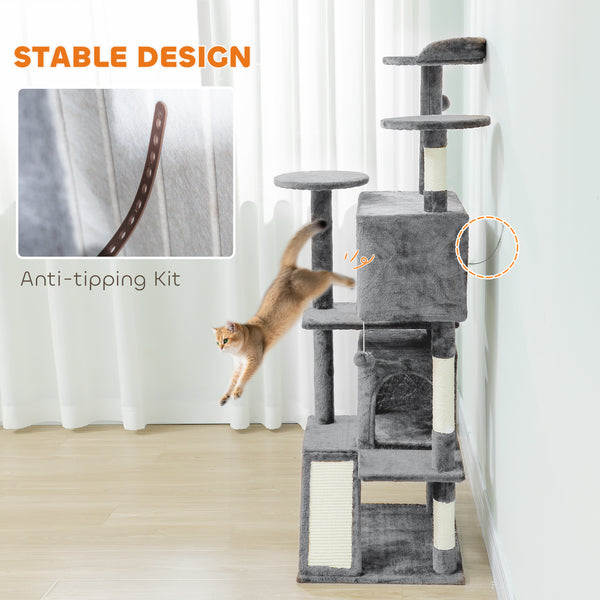 54" Cat Tree, Multi-Level Cat Tower with Scratching Posts, Cat Condos, Bed, Platforms, Ramp, Toy Ball, Light Gray