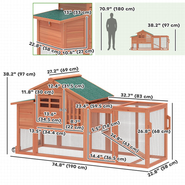 Mobile wooden chicken coop with run and removable tray for 1 to 2 hens