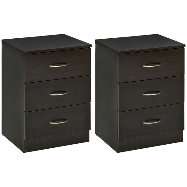 Set of 2 bedside tables with 3 drawers, dark brown