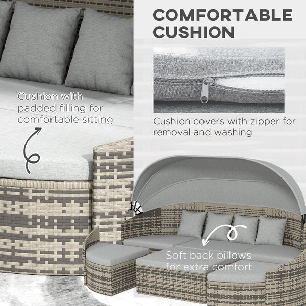 Set of 4 Round PE Wicker Patio Chaise Lounge Daybed, Light Grey