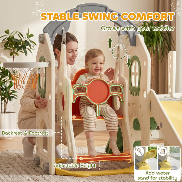 6-in-1 play set with slide and swing, ages 1 to 5