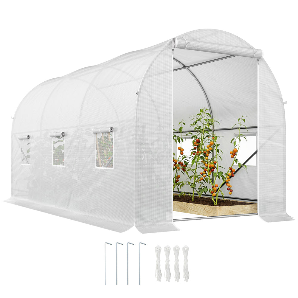 Portable tunnel greenhouse with door and ventilation window, white