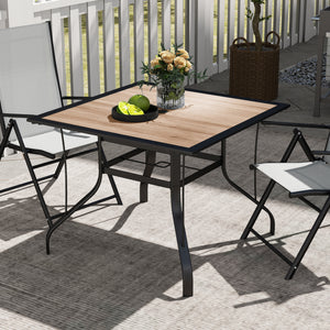 Square dining table with parasol hole and stainless steel frame