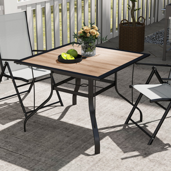 Square dining table with parasol hole and stainless steel frame