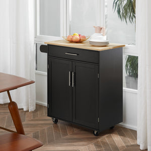 Rolling kitchen cart with wooden top, black