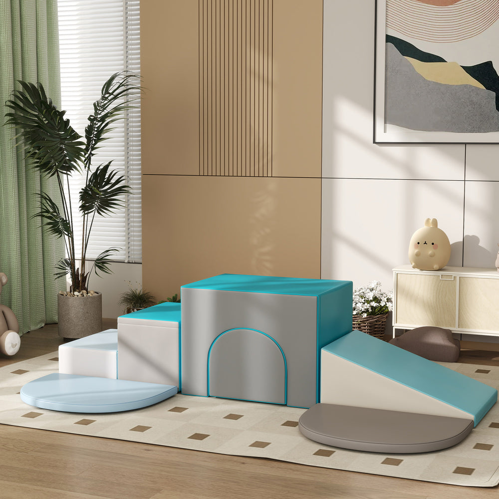 7 Piece Indoor Toddler Playset, Climb &amp; Crawl - Blue/Grey