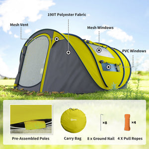 Tente de camping 4 personnes, montage instantané facile avec portes, fenêtres et sac de transport, jaune