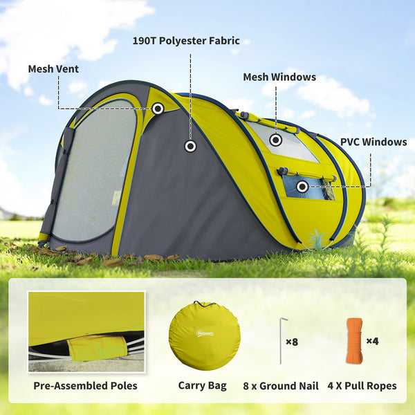 Tente de camping 4 personnes, montage instantané facile avec portes, fenêtres et sac de transport, jaune