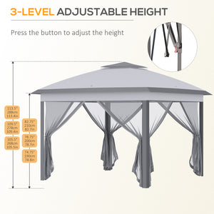 11' x 11' Folding Gazebo, Double-Fly Pop-Up Tent with Zippered Mesh Sidewalls, Adjustable Height and Carry Bag, Gray