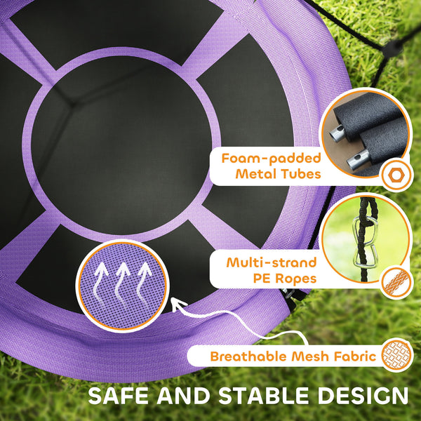 Qaba 100cm Diameter Nest Seat for Kids with Height Adjustable Hanging Ropes for Outdoor, Playground, Garden, Purple