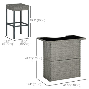 5-Piece Patio Bar Set, Synthetic Rattan Table and High Chairs, with Tempered Glass Top, Grey