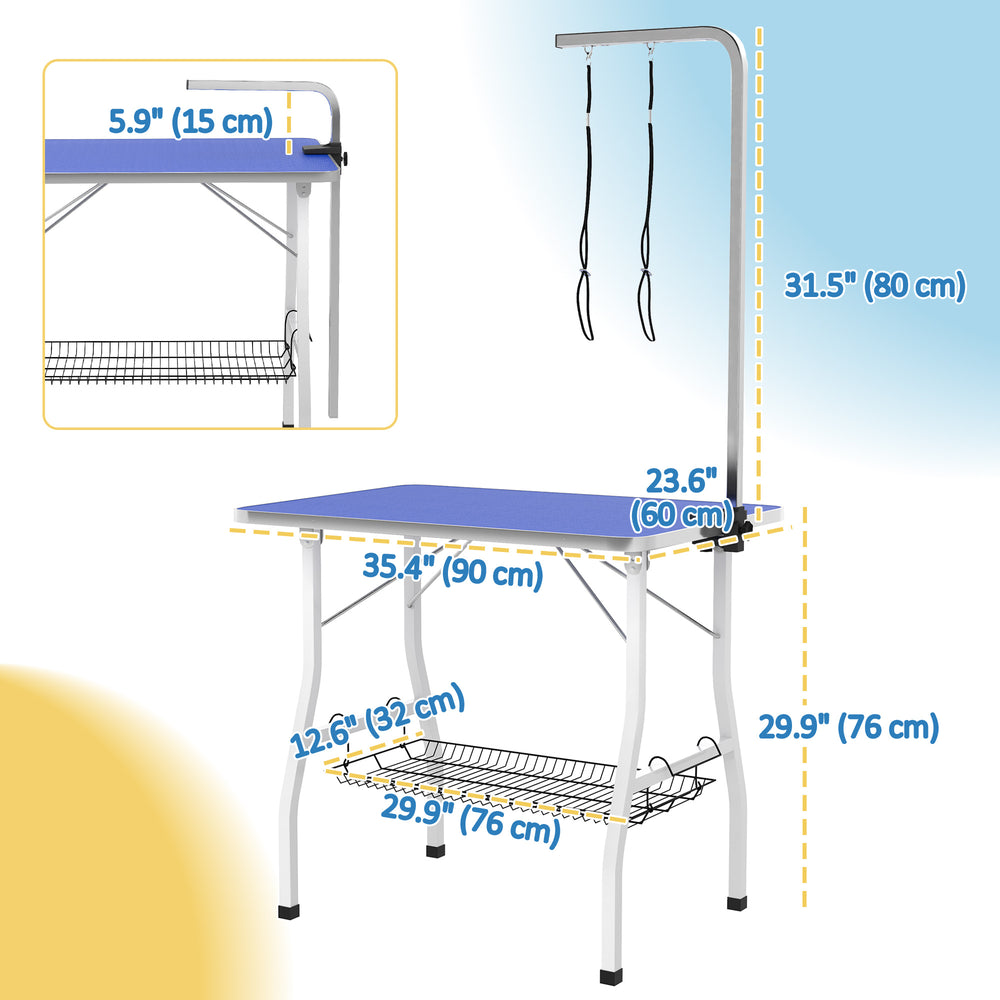 Dog grooming table with adjustable arm, mesh tray and two leashes, blue