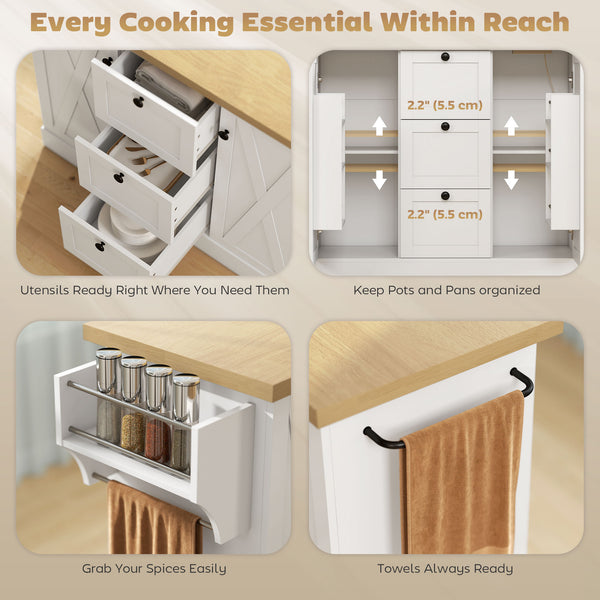 Farmhouse style kitchen island with electrical outlet, soft-close doors, and 3 drawers, white