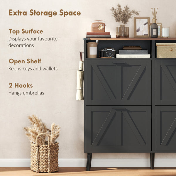 Shoe cabinet with 4 tip-up drawers, country style, narrow, holds up to 24 pairs, black