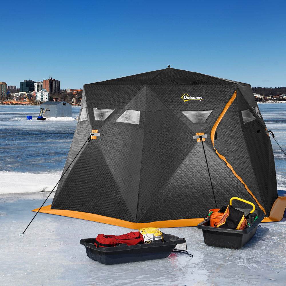 Insulated ice fishing shelter for 4 people, portable and foldable with carry bag and two doors, for temperatures down to -30°C, black
