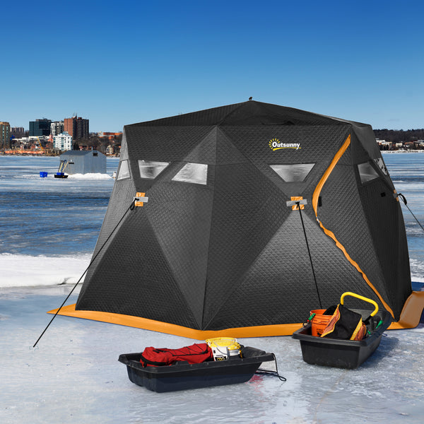 Insulated ice fishing shelter for 4 people, portable and foldable with carry bag and two doors, for temperatures down to -30°C, black
