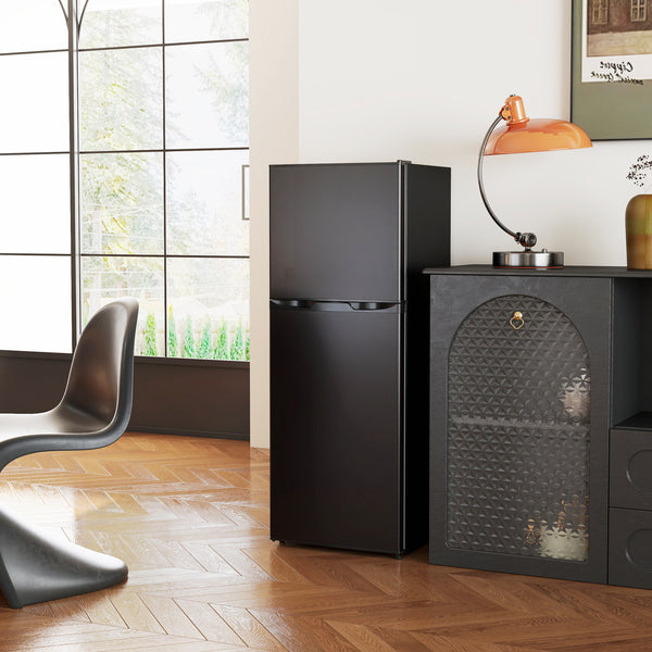 Double Door Mini Fridge with Freezer, 4.6 cu. ft., Thermostat, Shelves, Reversible Door, Black