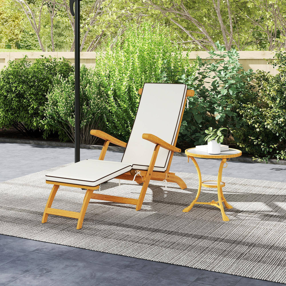 Folding Sun Lounger with Padded Cushion, Acacia Wood Recliner with Footrest for Garden, White