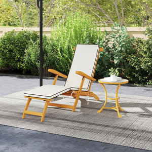 Folding Sun Lounger with Padded Cushion, Acacia Wood Recliner with Footrest for Garden, White
