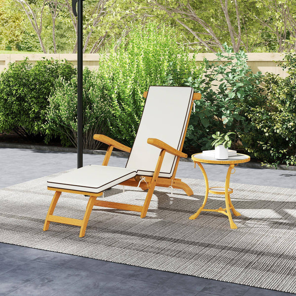Folding Sun Lounger with Padded Cushion, Acacia Wood Recliner with Footrest for Garden, White