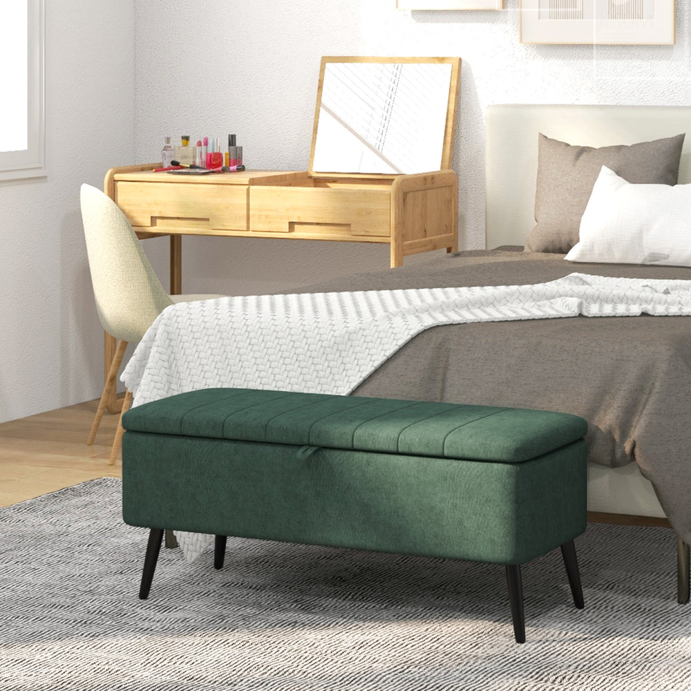 Linen Upholstered Storage Pouf with Steel Legs, Dark Green