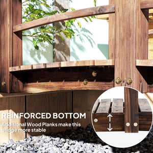 Wooden garden bridge with decorative side railings, stained wood
