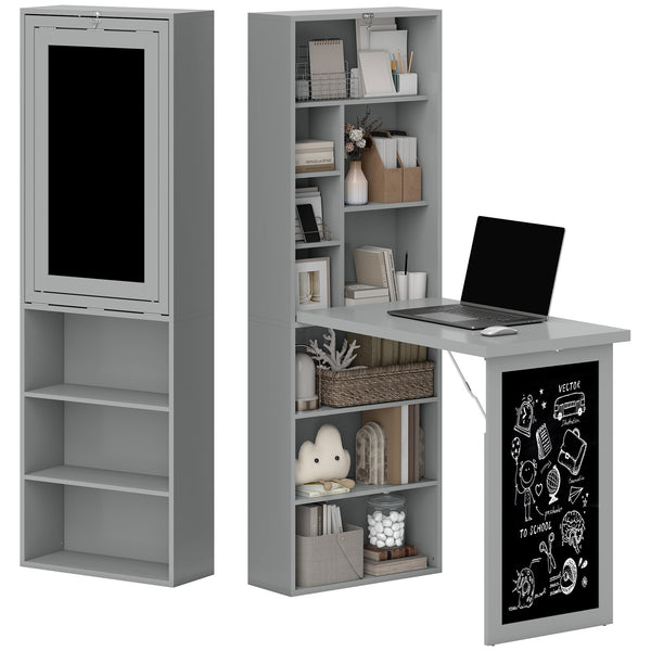 Wall-mounted, foldable, and convertible computer desk with blackboard, grey