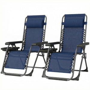 Set of 2 Zero Gravity Outdoor Lounge Chairs, Folding and Reclining, with Cup Holder and Headrest, Dark Blue