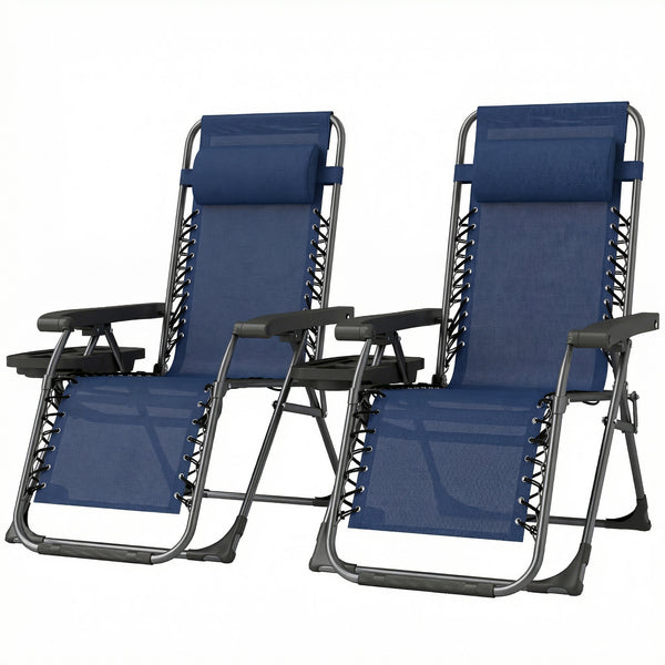 Set of 2 Zero Gravity Outdoor Lounge Chairs, Folding and Reclining, with Cup Holder and Headrest, Dark Blue