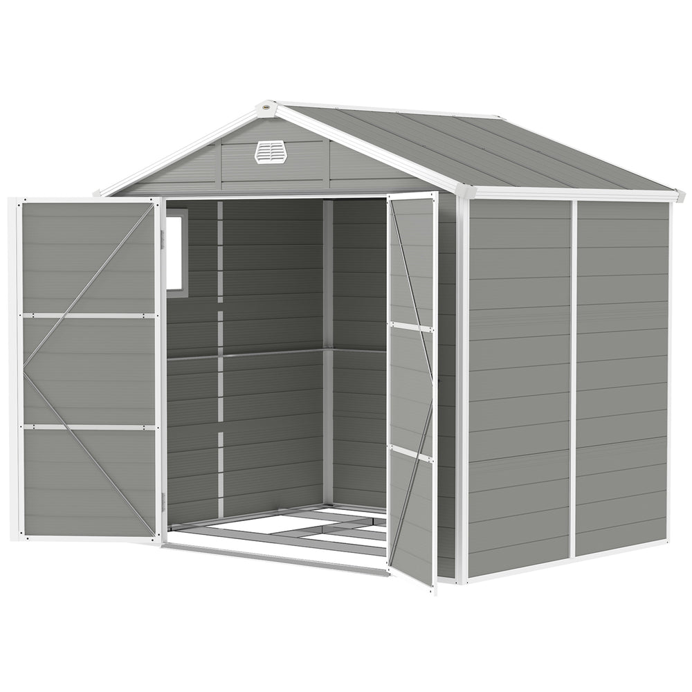 Plastic garden shed with latch door, ventilation, sloping roof, light grey