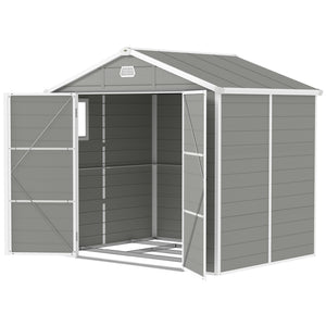 Plastic garden shed with latch door, ventilation, sloping roof, light grey