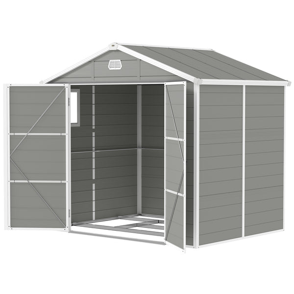 Plastic garden shed with latch door, ventilation, sloping roof, light grey