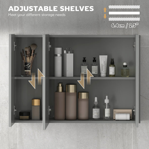35" x 24" Wall-Mounted Medicine Cabinet with Mirror, 3 Doors and Adjustable Shelves, Gray