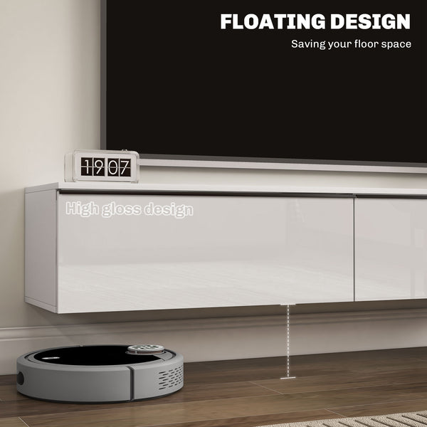 Floating wall-mounted TV cabinet up to 70 inches with storage, glossy effect, white