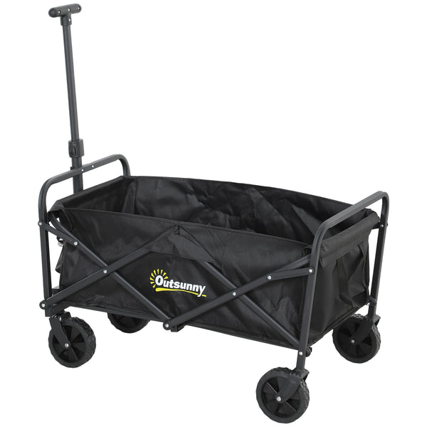 Folding garden cart with universal wheels and adjustable handle, black.