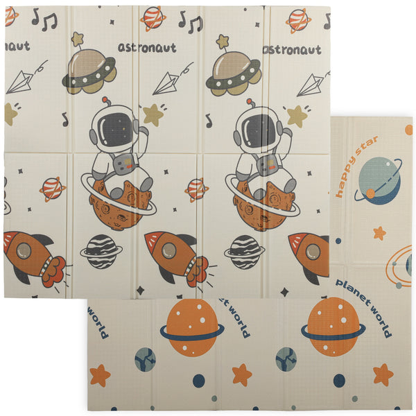 Reversible and waterproof play mat, foldable, astronaut and planet pattern