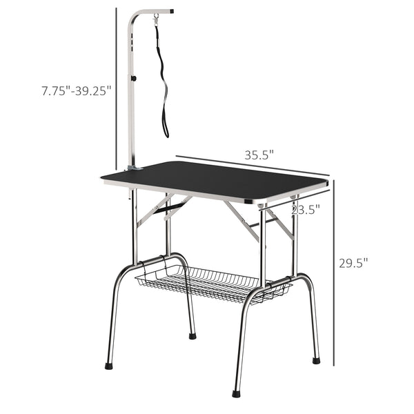 Stainless steel dog grooming table with adjustable arm and basket