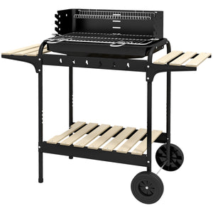 Height-adjustable charcoal barbecue with ash catcher and wheels, black
