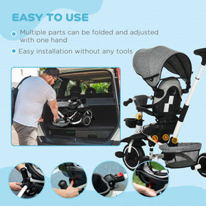 6-in-1 Folding Tricycle with Adjustable Seat, Safety Harness, Removable Canopy, Grey