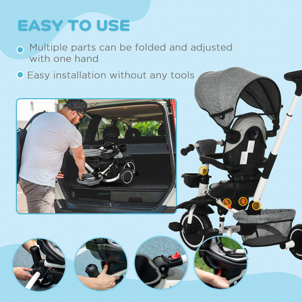 6-in-1 Folding Tricycle with Adjustable Seat, Safety Harness, Removable Canopy, Grey