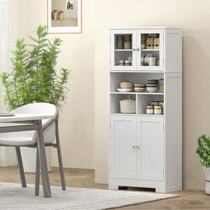 Kitchen Pantry with Glass Doors, Adjustable Shelves, Open Compartments, White