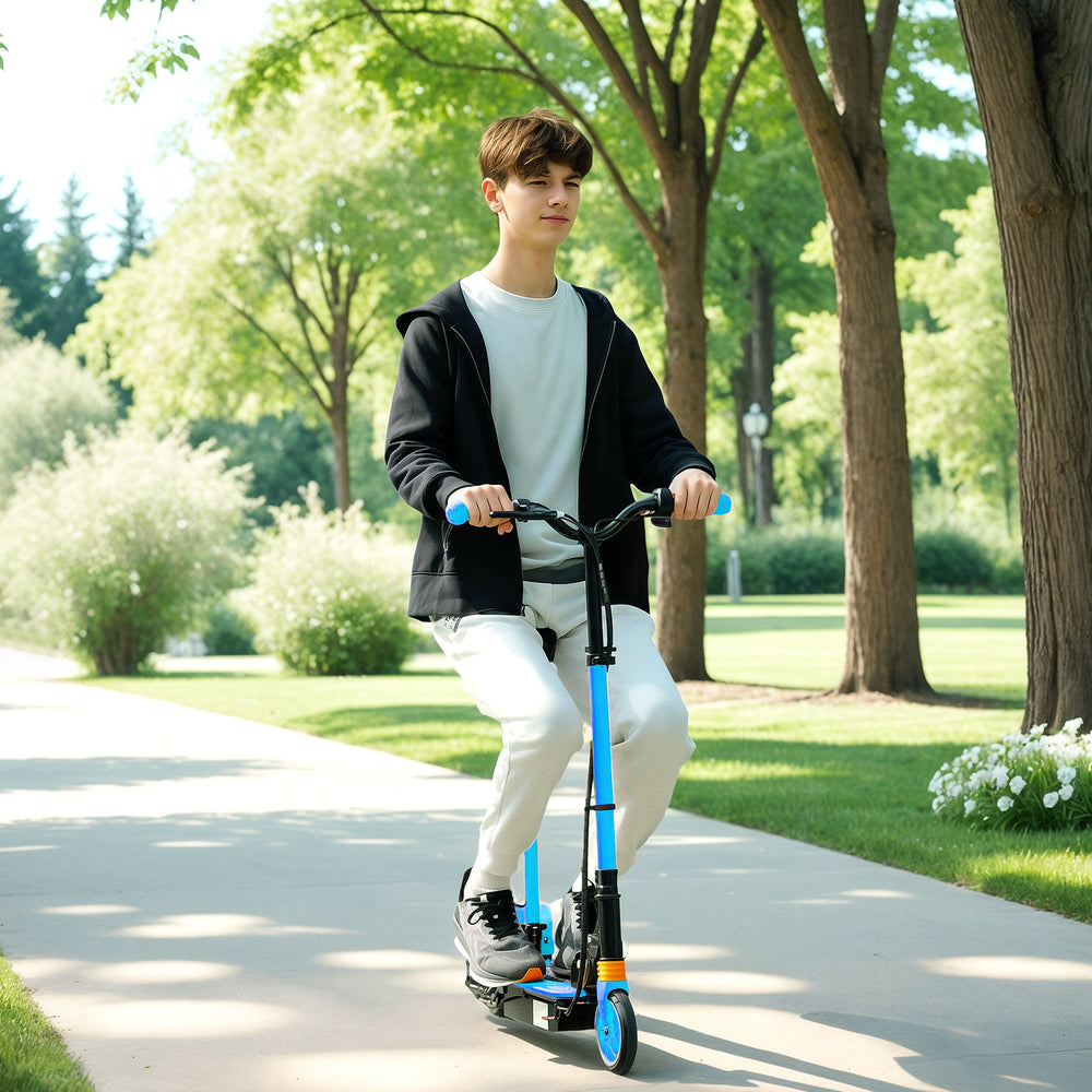 Foldable electric scooter with seat and 2 adjustable heights, blue