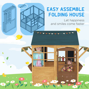Foldable Wooden Outdoor Playhouse with Functional Door, Rain Cover, Chalkboards, Brown