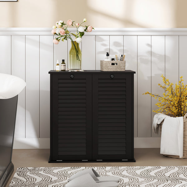 Tilting laundry basket cabinet with 2 baskets and 2 louvered doors, black