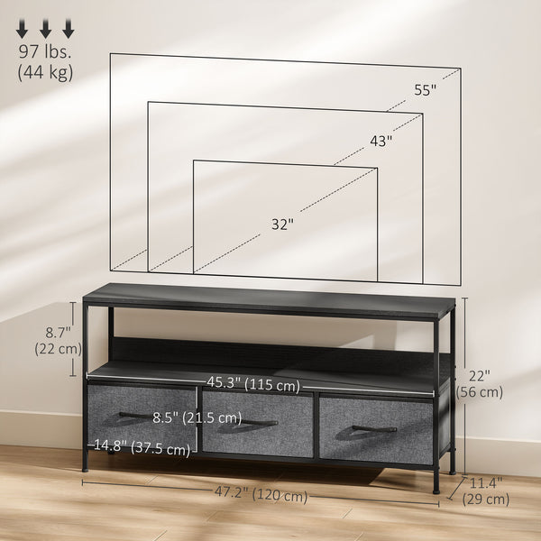 Black and charcoal gray TV stand for televisions up to 55 inches with 3 drawers