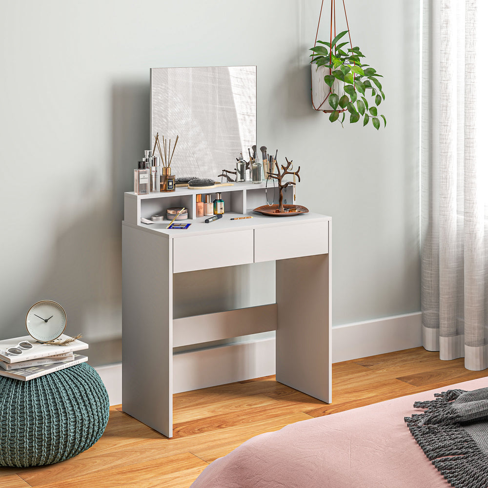 Dressing table with mirror, drawers and compartments, white