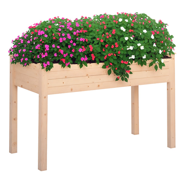 Raised wooden planter with legs, natural wood color